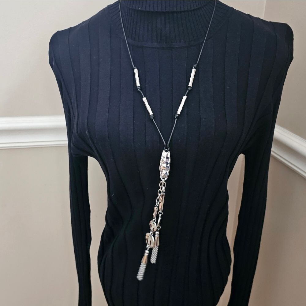 NEW Chico’s Long Black Leather Silver Tassel Necklace 13" Long plus Tassel
